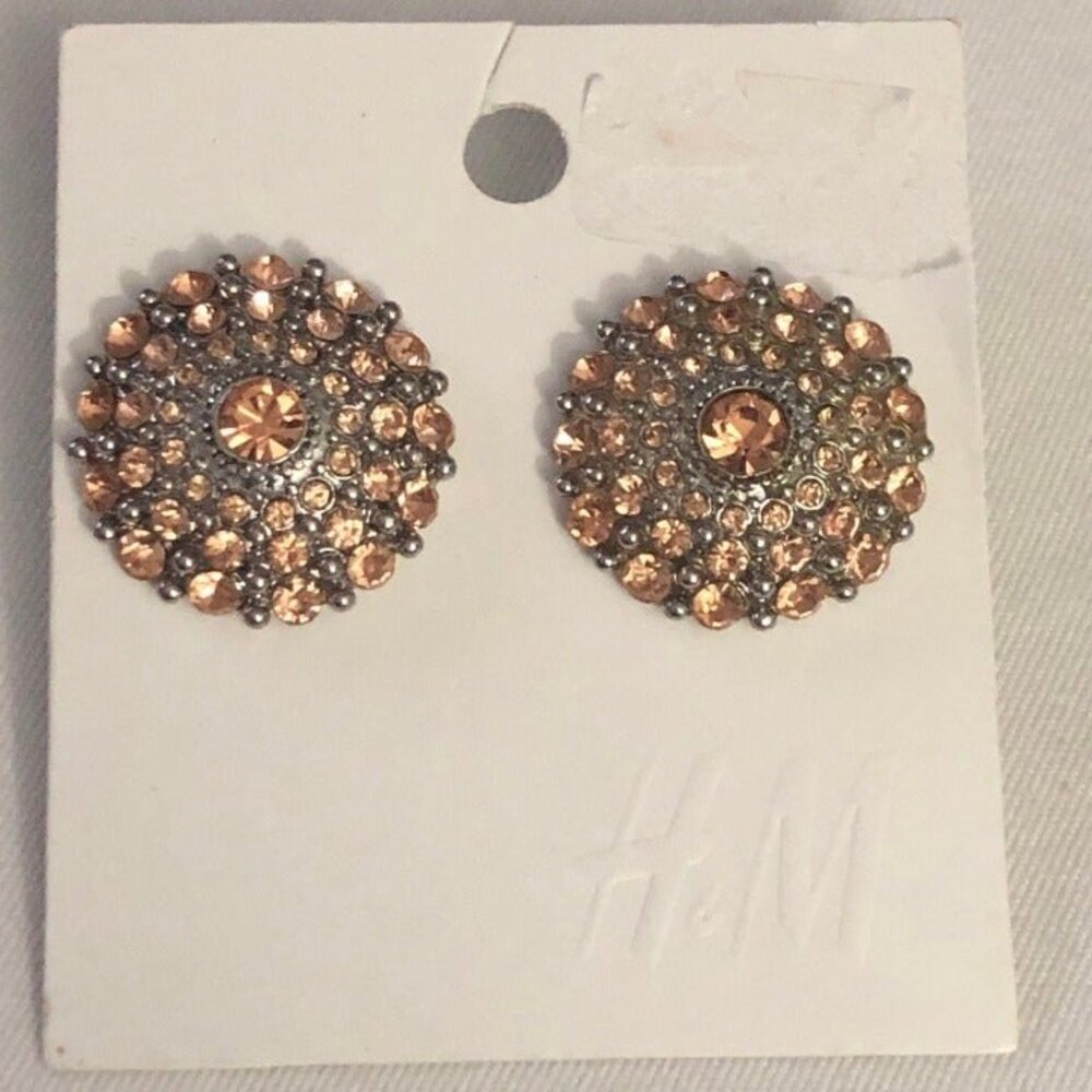 H&M Rose Rhinestone Round Silver Tone Earrings NOC